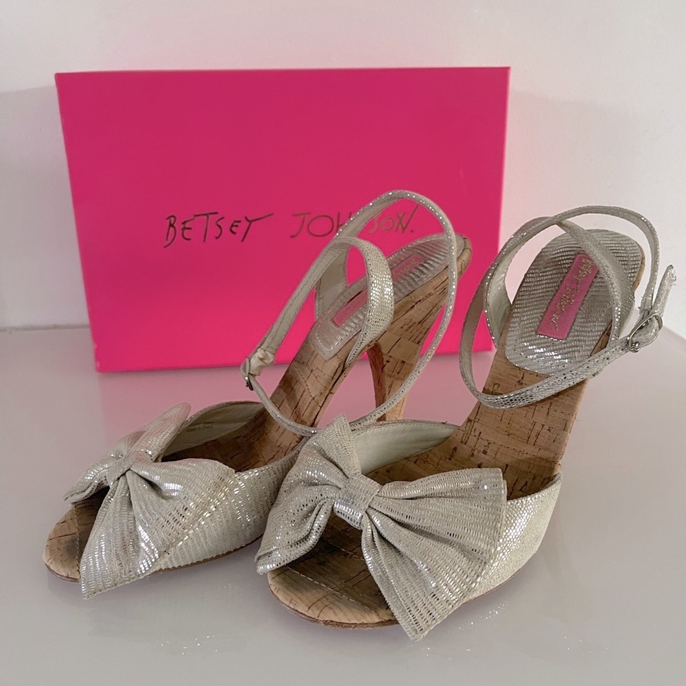Betsey Johnson Silver Bow Cork High Heels